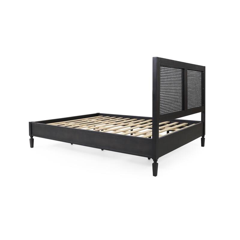 Dark Grey Rustic Style Queen Size Acacia Wood Platform Bed with Strong Slats Support for Bedroom