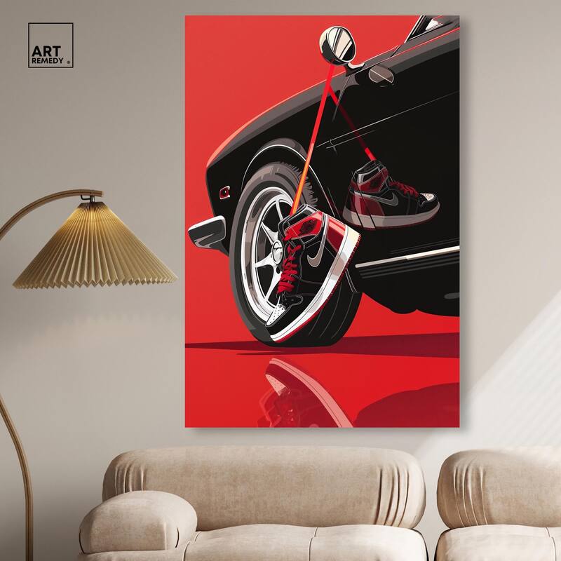 Red Bold Sneaker and Car Canvas by Art Remedy, Gallery Wrapped