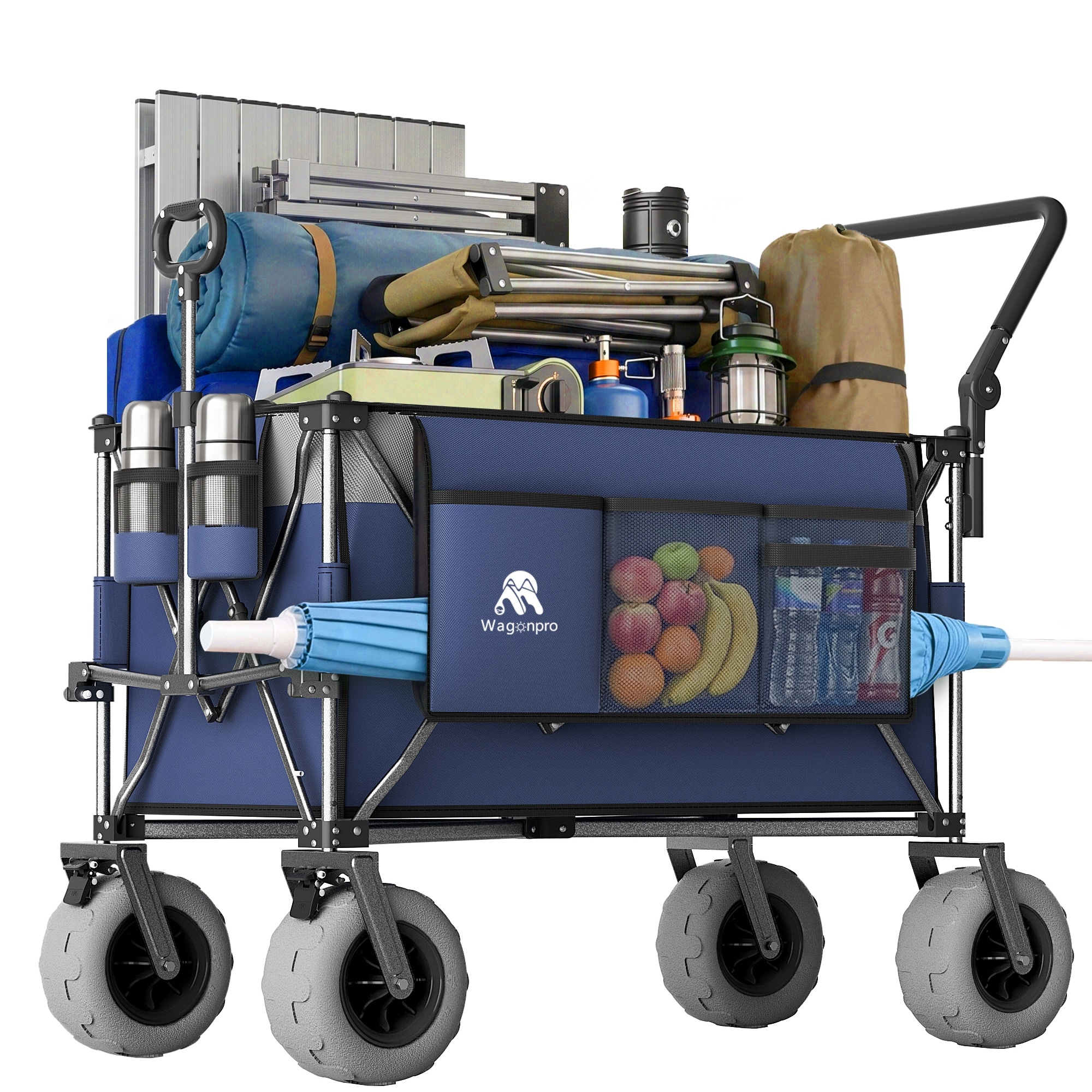 48"Multi-Functional Push-Pull Folding Wagon Cart with Rotating Handle & 9x4 Beach Tires for Camping & Beach -Heavy-Duty