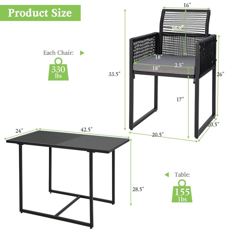 3 Pieces Outdoor Dining Set with Folding Backrest and Seat Cushions-Black - 20.5" x 20.5" x 33.5"