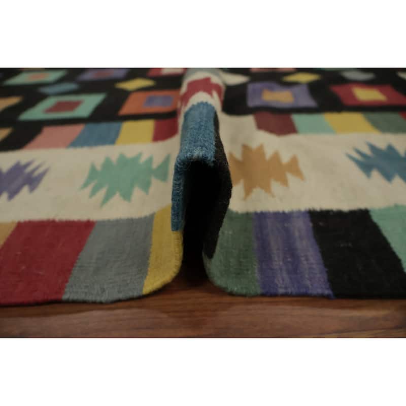 Hand Woven Oriental 100% Wool Carpet Southwestern Tribal Black Kilim Area Rug - 9' 0'' X 6' 2''