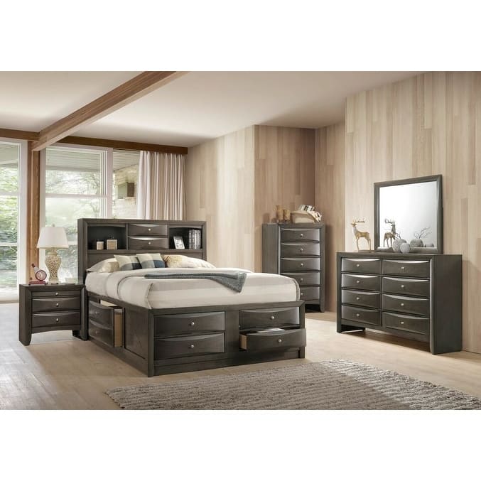 Captain's Bed Solid Wood Extra Storage Drawers Wooden Bedroom 5pc Set - Grey - King
