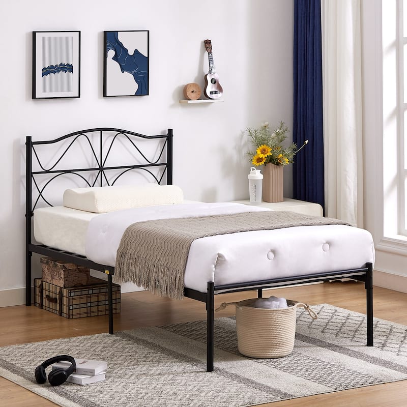 VECELO Metal Platform Bed Frame with Curved Headboard and Under-Bed Storage-No Box Spring Needed, Twin/Full/Queen Size