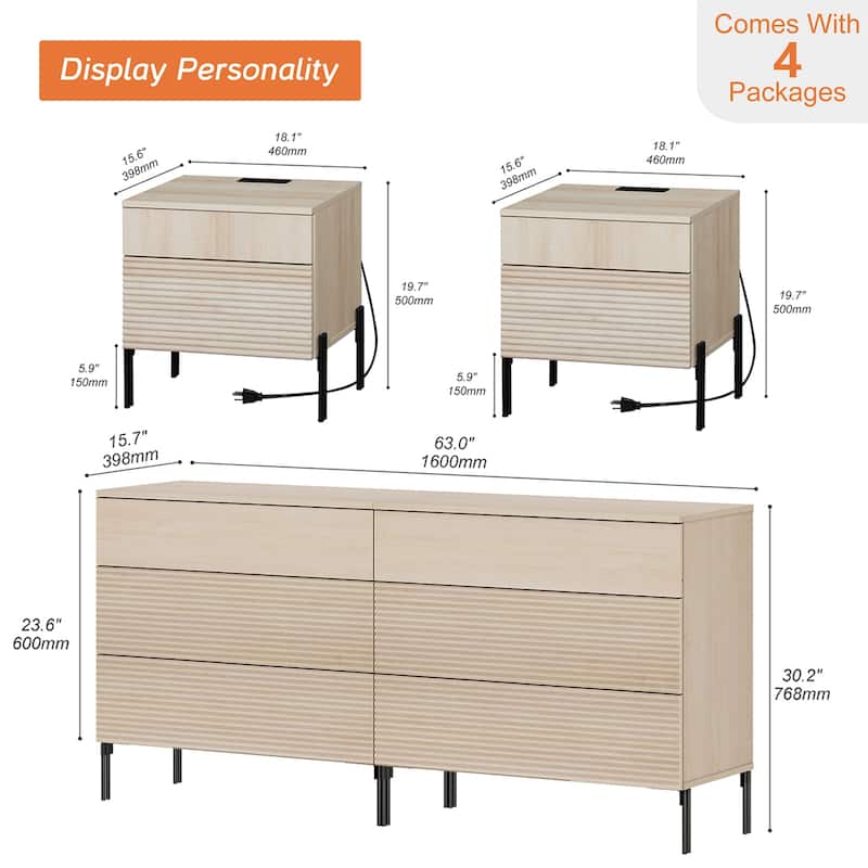 4 Pcs Wood Bedroom Set，Reeded 6 Drawer Dresser and Nightstand Sets, Night Stand Set of 2 with Charging
