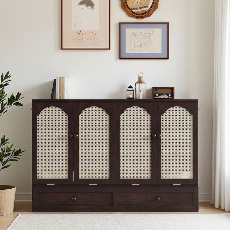 Queen Size Murphy Bed with Drawer Pine Wood Cabinet Bed with Power Station and Rattan Decoration Panel - Espresso