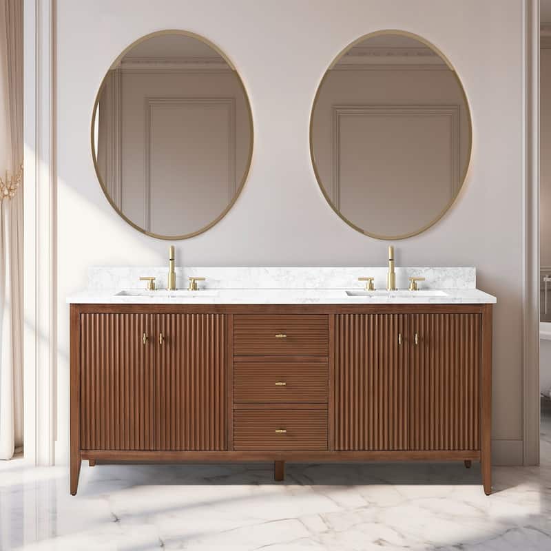 Vanity Art 72" Double Sink Bathroom Vanity Cabinet with Engineered Marble Top - 72"/Golden Brushed Handle - Linear Walnut