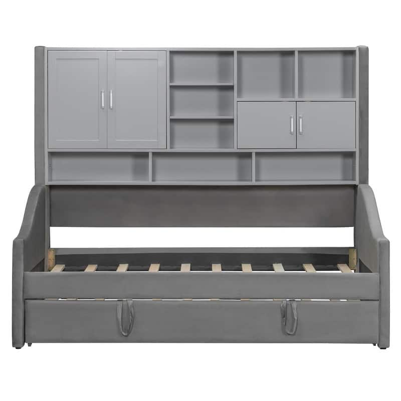 Twin Size Upholstered Daybed with LED Armrest Lights, Shelves & Cabinets, Twin Trundle