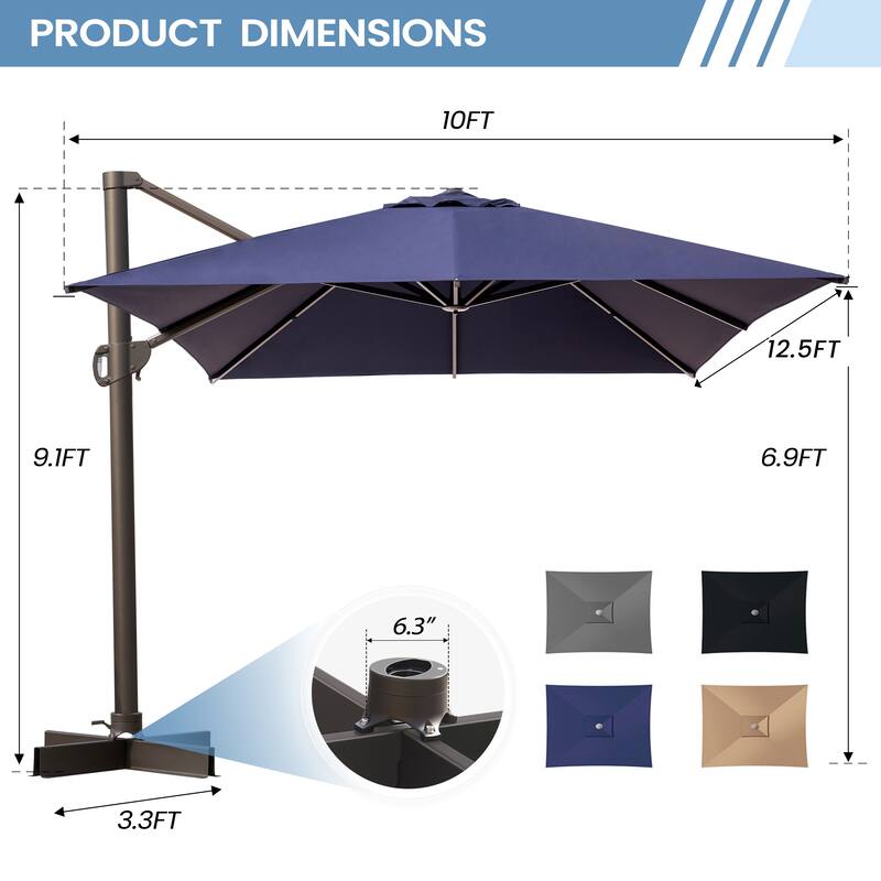 10x12.5 FT Outdoor Patio Cantilever Umbrella 360 Degree Rotation