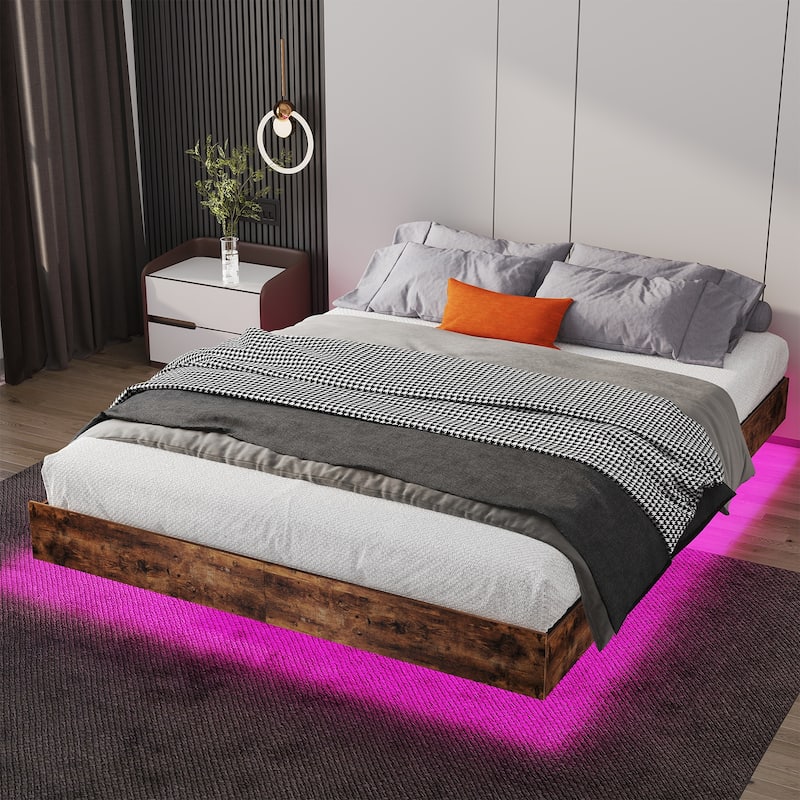 Floating RGB LED Bed Frame Heavy Duty Metal Platform Bed, No Box Spring Needed - Brown - Full