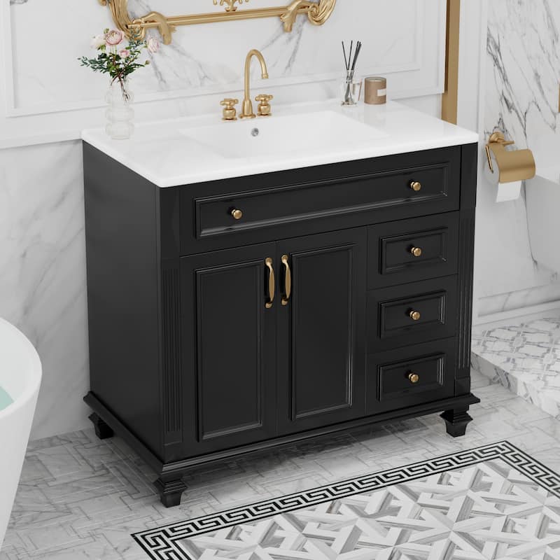 Roomfitters 36" Bathroom Vanity with Sink, Flip-Out Drawer, 3 Drawers, Soft-Close Doors, Solid Wood Cabinet