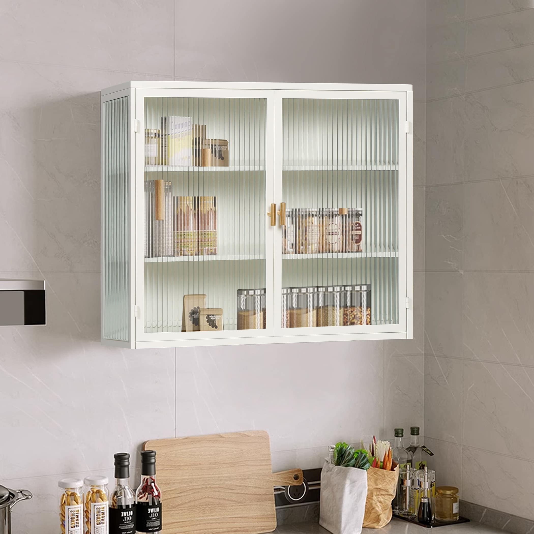 27.56"Glass Doors Modern Two-door Wall Cabinet with Featuring Three-tier Storage,White