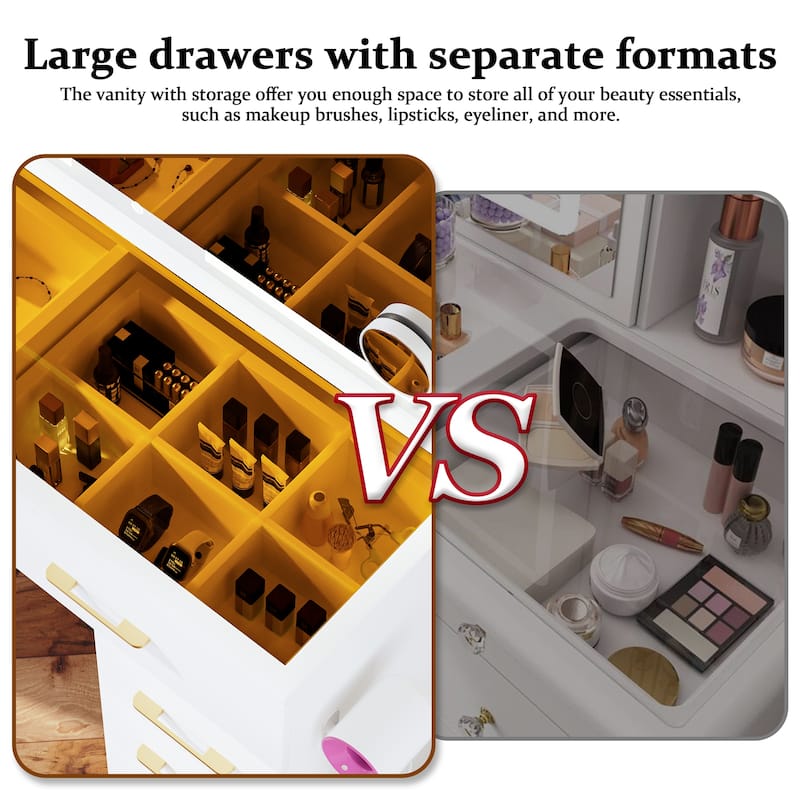 46"Glass Top Vanity Desk with 10 Drawers Makeup Vanity with Mirror and Stool,3 Lighting Modes Dressing Table,Silent Slides