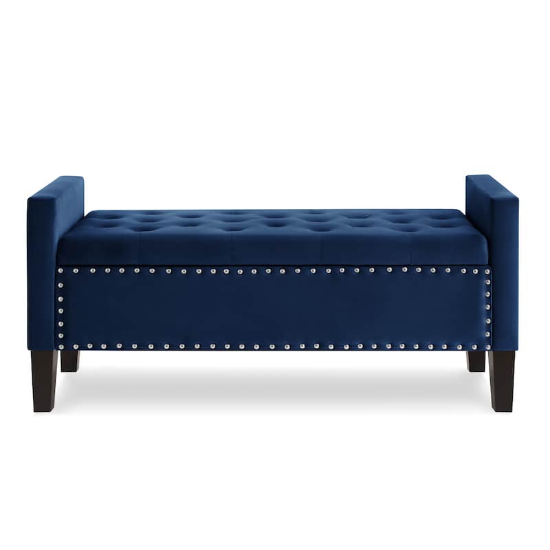 Velvet Storage Ottoman Bench with Armrests, Tufted Upholstered End of Bed Bench with Nailhead Trim for Bedroom, Entryway