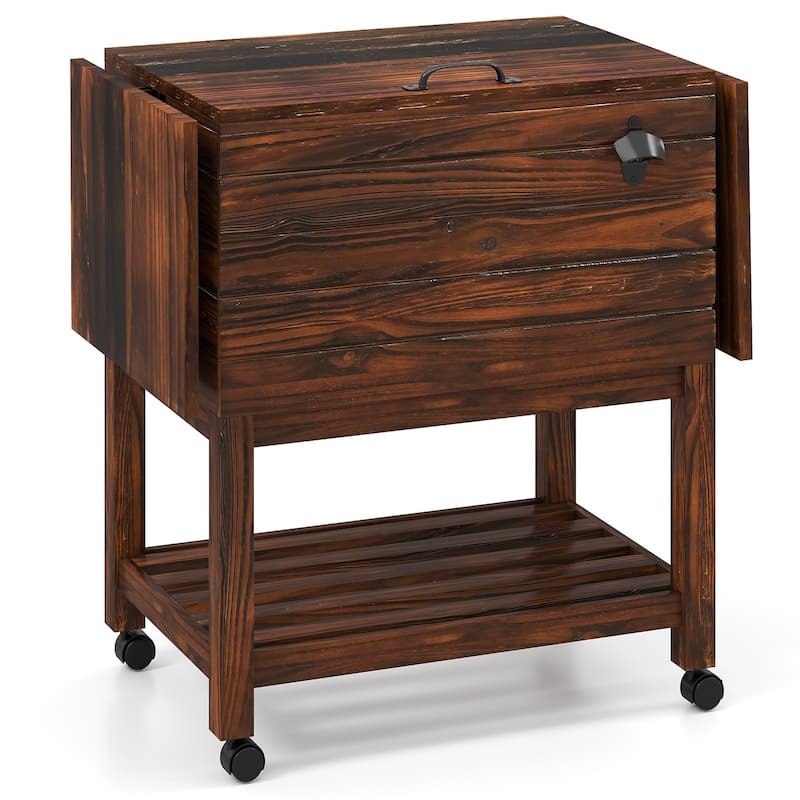 Gymax 54 Quart Rolling Wooden Patio Cooler Cart w/ 2 Drop Leaf Tables