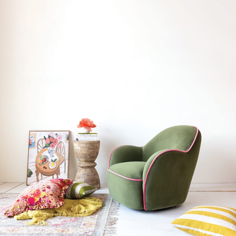Velvet Upholstered Swivel Chair with Trim - 39.8"L x 37.6"W x 32.9"H
