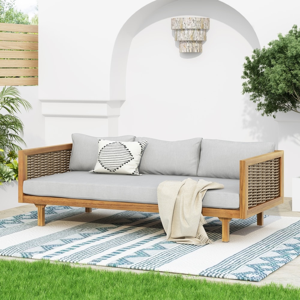Roomfitters 3 Seater Wooden Patio Sofa, Wicker Panel Design, Modern Daybed with Weather-Resistant Cushions