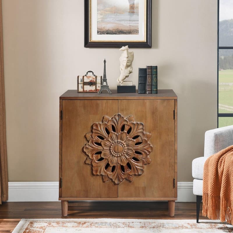 Rustic Solid Wood Sideboard with 2-Door,Accent Storage Cabinet with Floral Design - Brown