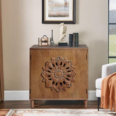 Rustic Solid Wood Sideboard with 2-Door,Accent Storage Cabinet with Floral Design