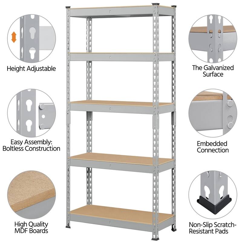 Yaheetech 5 Tiers Boltless Storage Shelf 330lb Capacity for Each Tier,Metal Frame MDF Wood Boards
