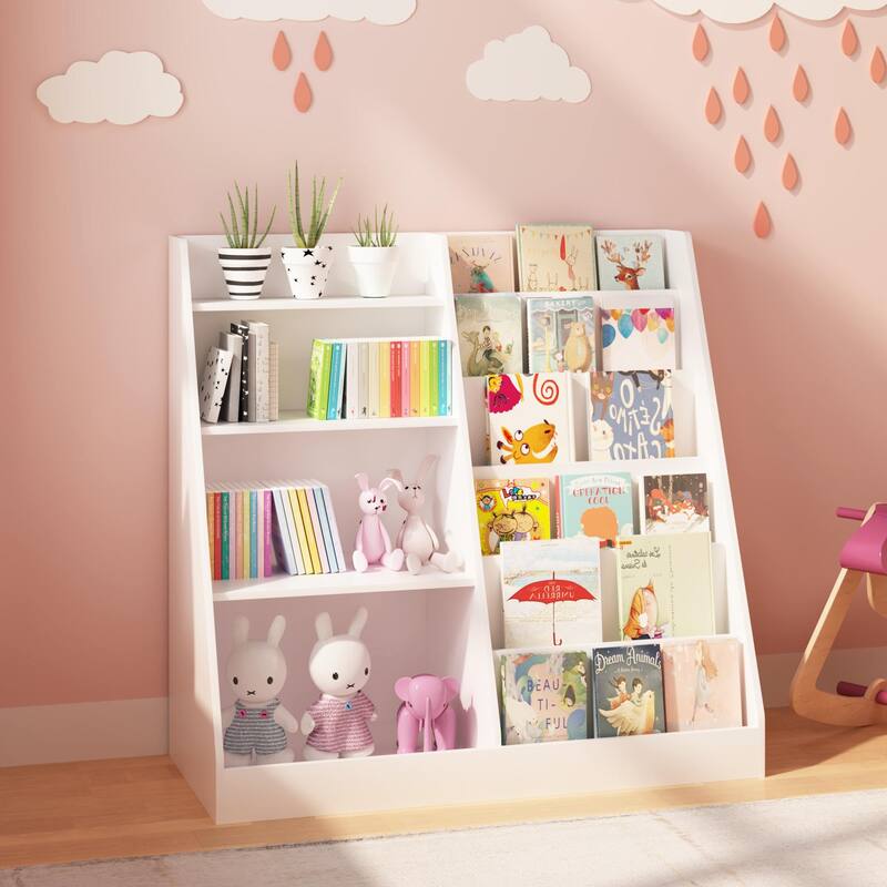 Anmytek Kids Bookcase Large Capacity Trapezoid Bookshelf Eco Friendly Wood Toy Storage Organizer Cabinet