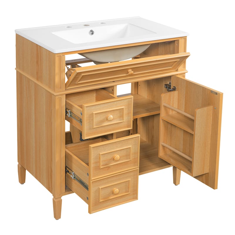 30" Bathroom Vanity with Ceramic Sink, Solid Pine Wood Frame Freestanding Vanity - 30inches