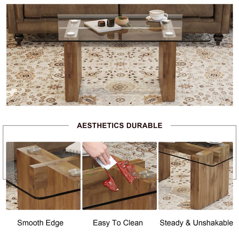 Modern minimalist transparent tempered glass coffee table and dining table, paired with wooden MDF