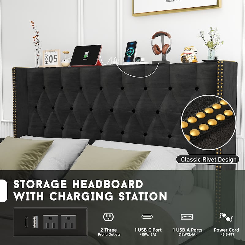 Full Size Bed Frame with 2 Storage Drawers and Wingback Headboard, Velvet Upholstered Platform Bed Frame with Charging Station