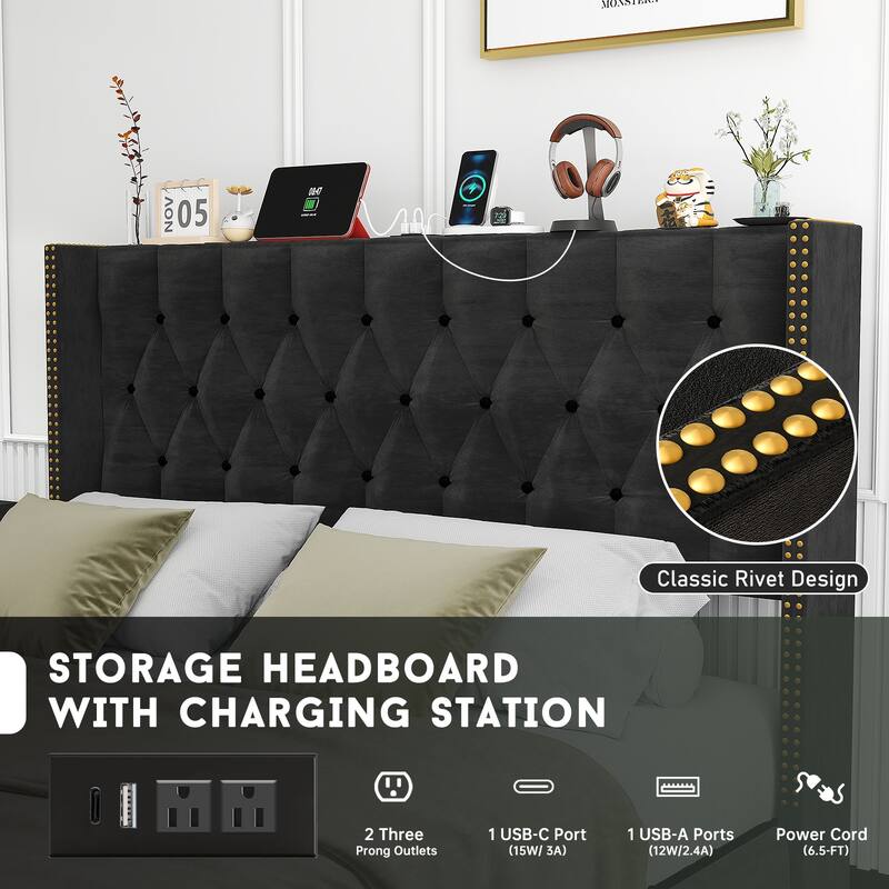 Velvet Upholstered Platform Bed Frame with Button Tuffed Wingback Headboard and Charging Station, 2 Storage Drawers