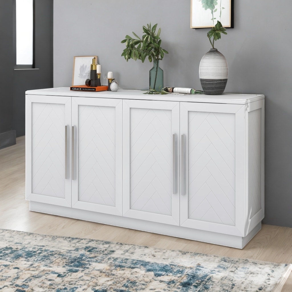 4-Door Sideboard Buffet Cabinet with Adjustable Shelves & Silver Handles, White