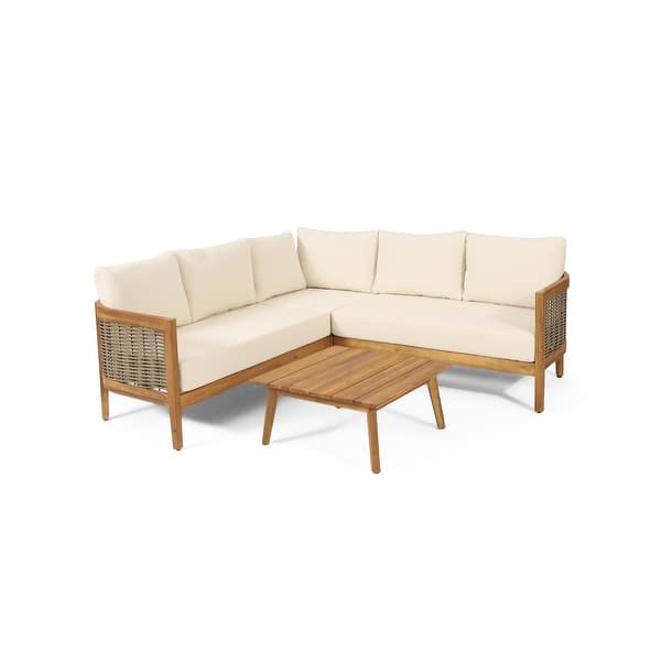 Burchett Outdoor Acacia Wood and Round Wicker 5 Seater Sectional Sofa