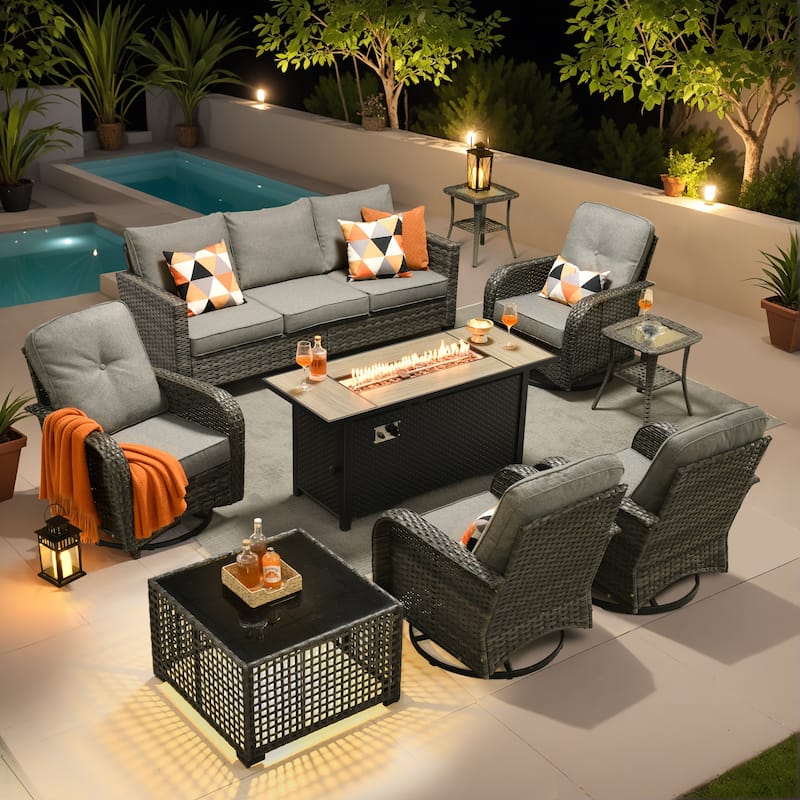 OVIOS 9-Piece Outdoor Wicker Conversation Set with Fire Pit