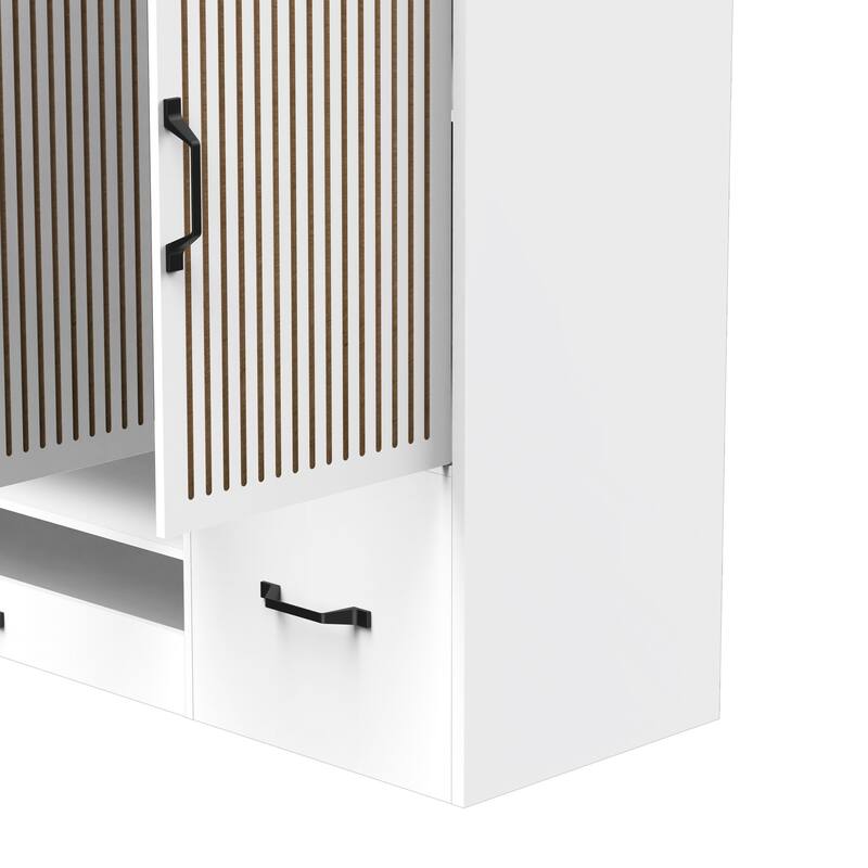 Shoe Cabinet with Adjustable Shelves, Stool & Retractable Toe-Kick Drawer, Freestanding Narrow Shoe Rack Organizer