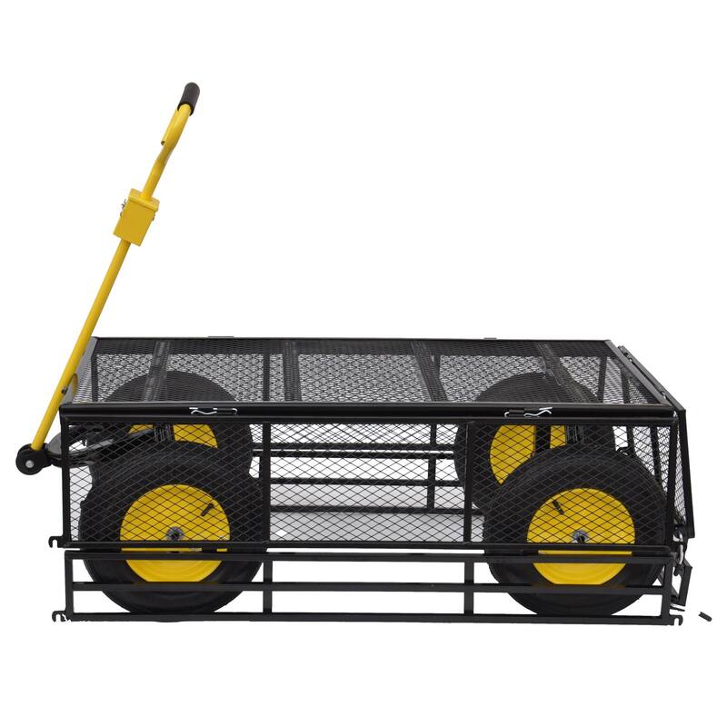 Large multifunctional cart with 880 lbs capacity and pneumatic tires, suitable for farms and lawns.