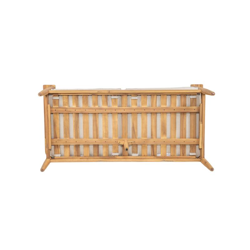 Roomfitters Terassi Outdoor Acacia Wood Loveseat with Wide Armrests, Teak Finish and Beige Cushions