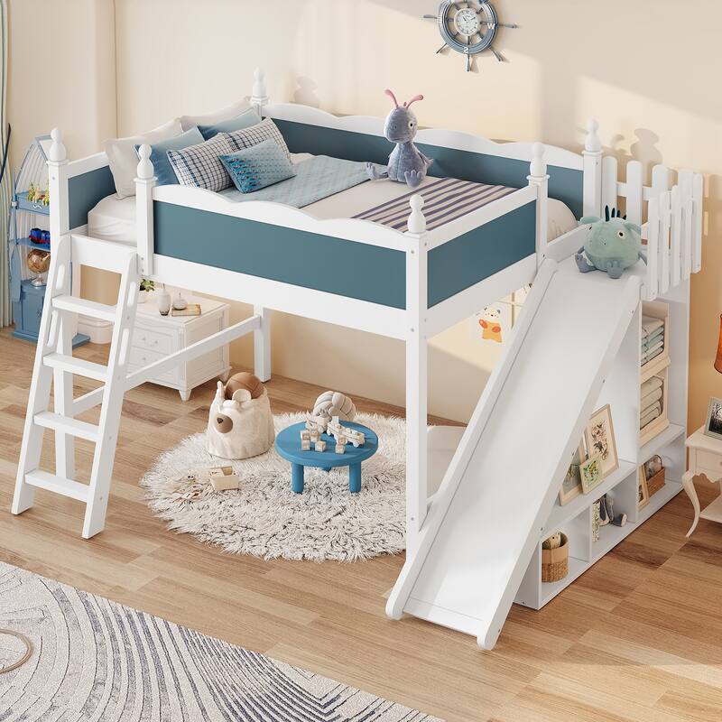 Modern High Loft Beds with Full Length Guardrails, Solid Wood Storage Loft Bed Frame with Detachable Slide and Ladders