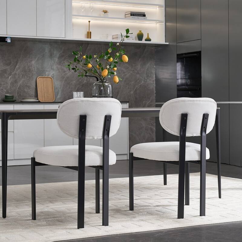 Set of 2 Modern Mid-Century Dining Chairs – Upholstered in Boucle Fabric with Sleek Black Metal Legs, Perfect for Kitchen .