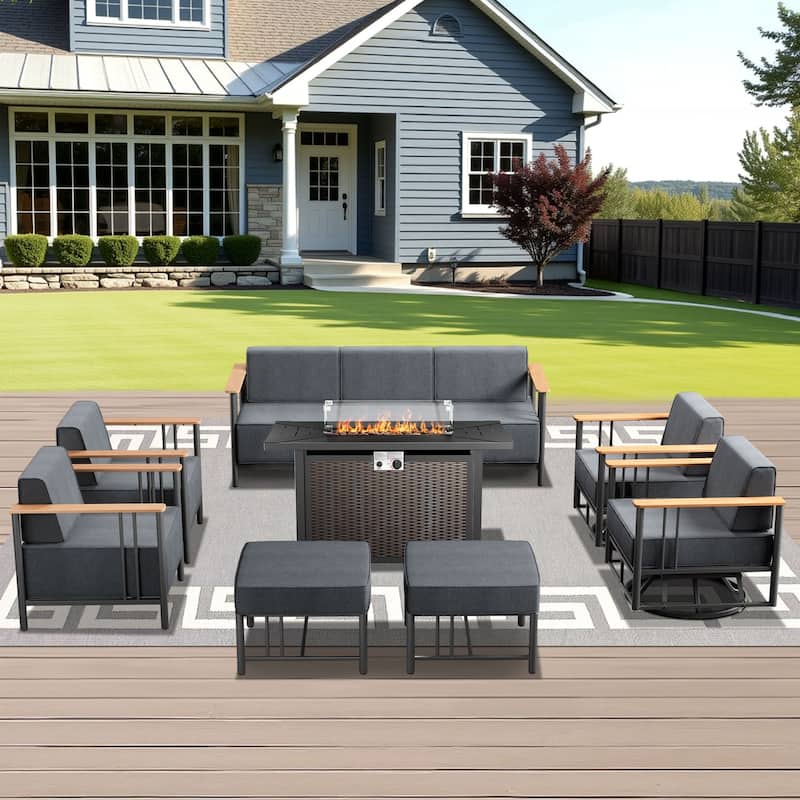Outdoor Patio Funiture Set with Extra-Thick Seat cushion - Black & Dark Grey Cushion - 8PCS Sofa Chair Ottoman with Fire Table
