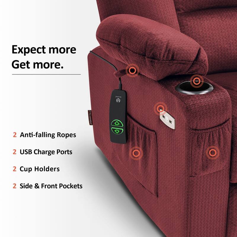 MCombo Power Lift Recliner Chair with Massage and Heat for Elderly, Extended Footrest, USB Ports, Fabric (Medium)