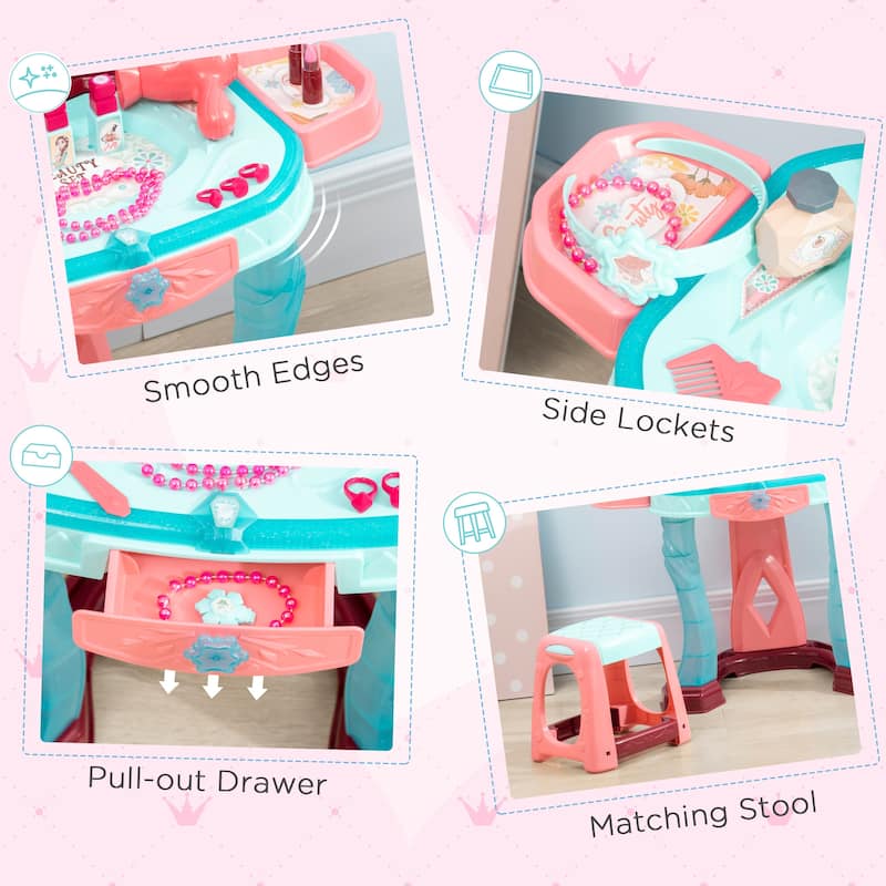 Qaba Self-Opening Mirror Design Kids Vanity Makeup Table Set with Chair and 31-Piece Collection, Imaginative Toy