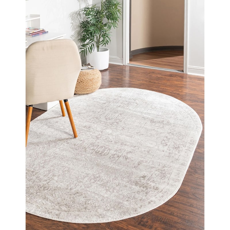 Contemporary Trabzon Collection Area Rug - Cream-Gray - 5'x8' Oval