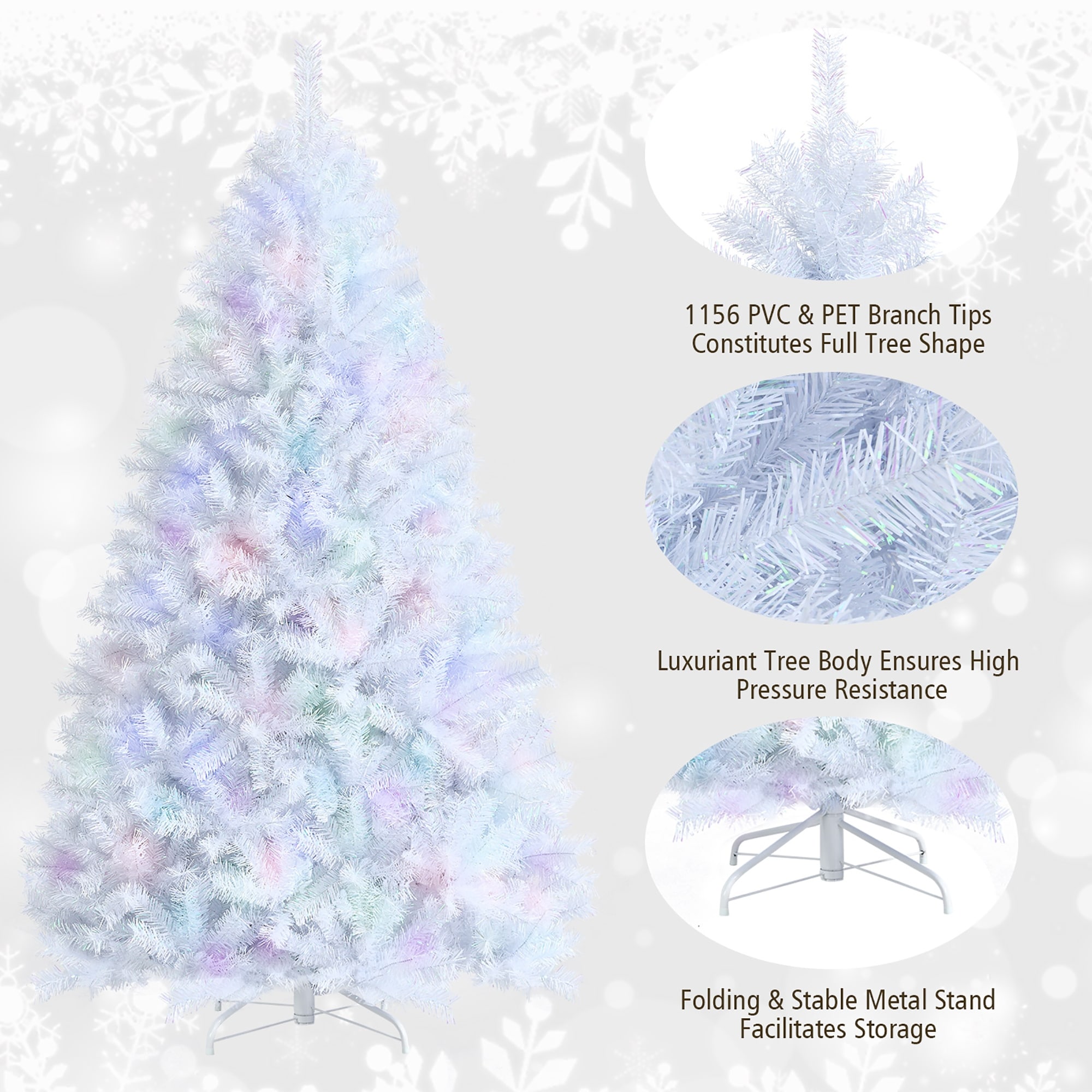 Costway 7ft White Iridescent Tinsel Artificial Christmas Tree with 1156 Branch Tips