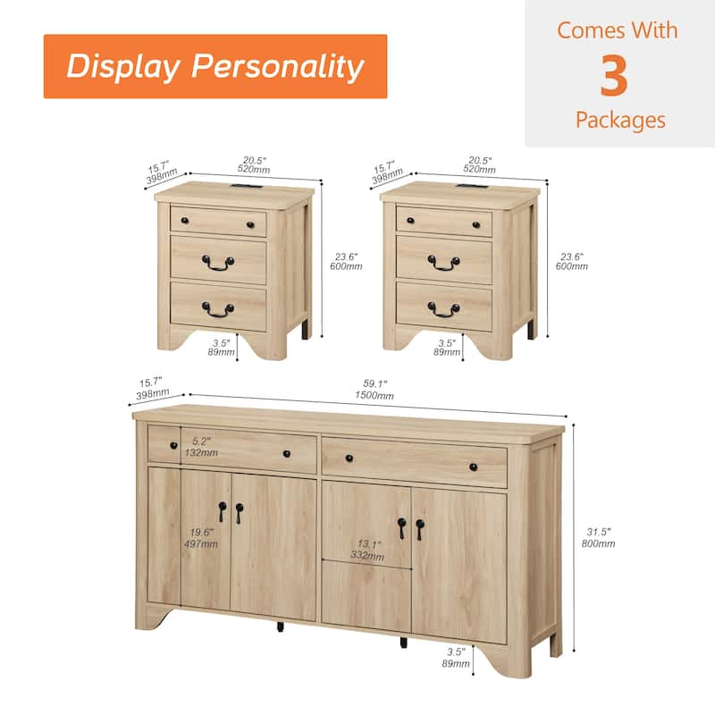 WAMPAT Farmhouse 3PCS Bedroom Set, 59" W Large Sideboard Buffet Cabinet,and Wood Nightstands Set of 2 with Charging Station