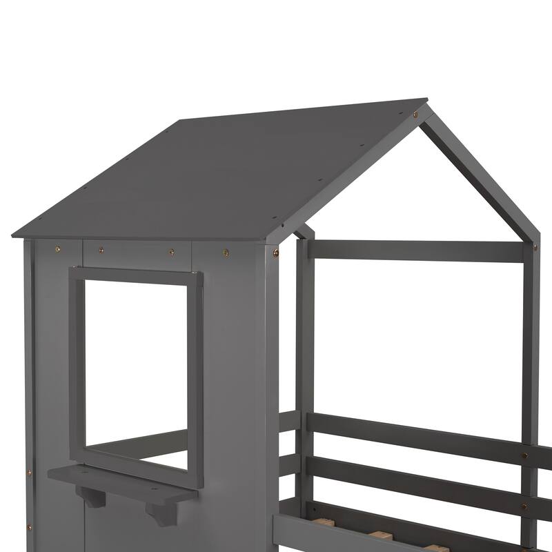 Twin Bunk Bed with SemiEnclosed Play Space, Pine Wood Frame with Roof