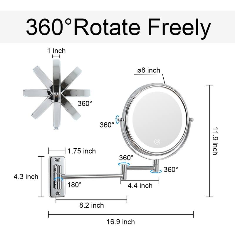 8 in. Wall Mounted Makeup Mirror with 3 colors LED Lights