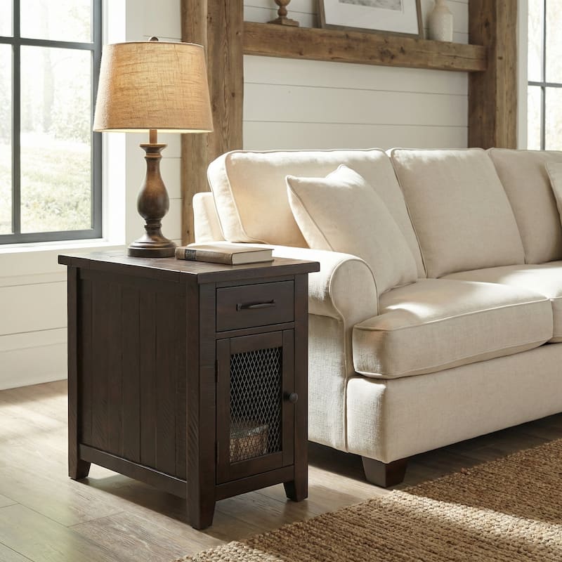 Rustic Solid Wood Chairside End Table with Hidden Charging Station - Espresso