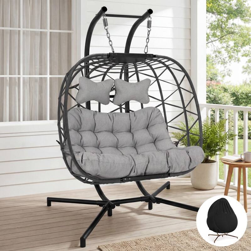 Oversized Outdoor Double Hanging Egg Chair with Cushions, 700 lbs Capacity Swing Chair for Indoor or Patio - Light Grey/Grey-Cover