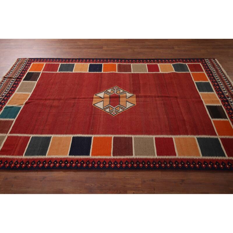 Vegetable Dye Kilim Qashqai Persian Vintage Flatweave Red Wool Carpet - 4'11"x 8'7"