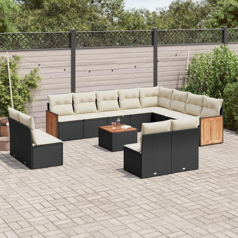 vidaXL Patio Sofa Set with Cushions Outdoor Conversation Furniture Poly Rattan - Black and cream with table - 21.7 x 21.7 x 14.6 in