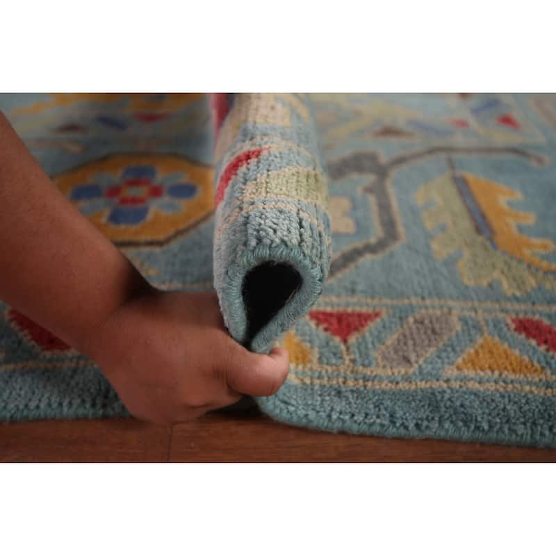 Light Blue Oushak Indian Area Rug Hand-Knotted Floral Wool Carpet - 8'11"x 11'11"