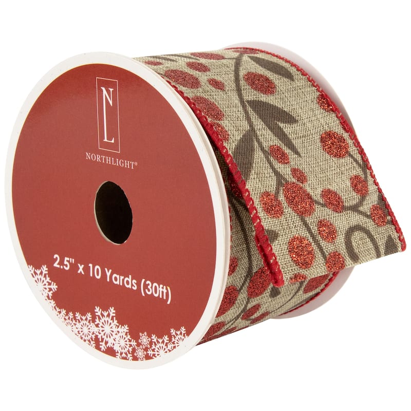 Brown and Red Berry Wired Craft Christmas Ribbon 2.5" x 10 Yards